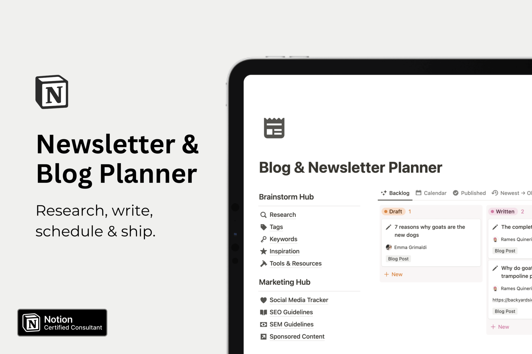 Notion: newsletter and blog planner