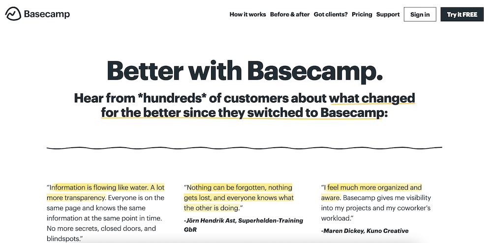 basecamp testimonial landing page