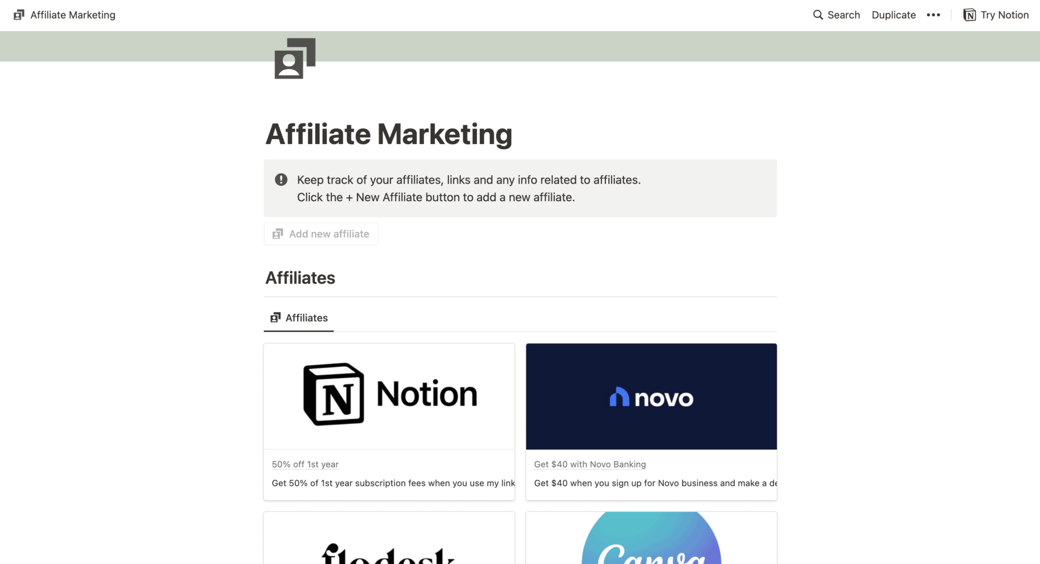 Notion: affiliate marketing tracker template