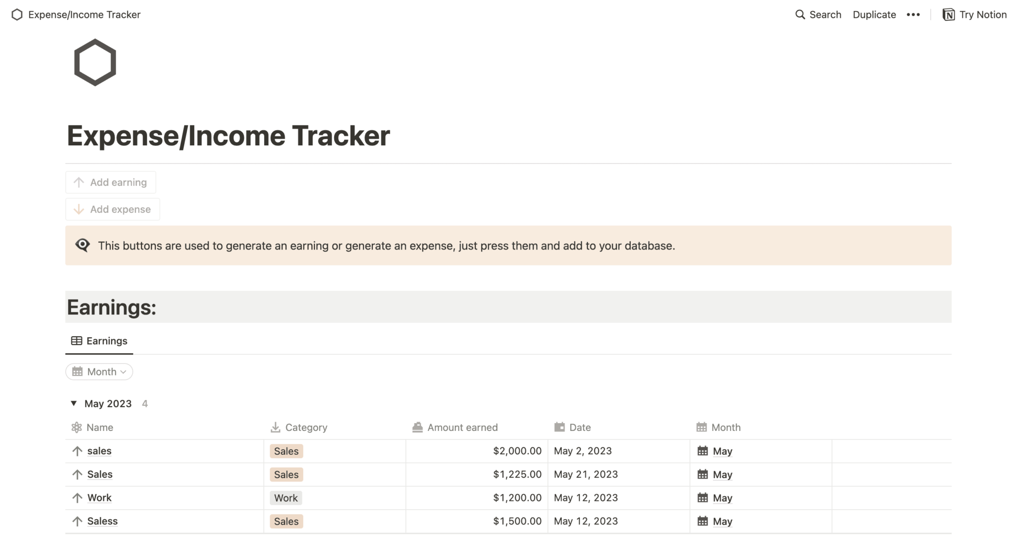 Notion: expense-income tracker
