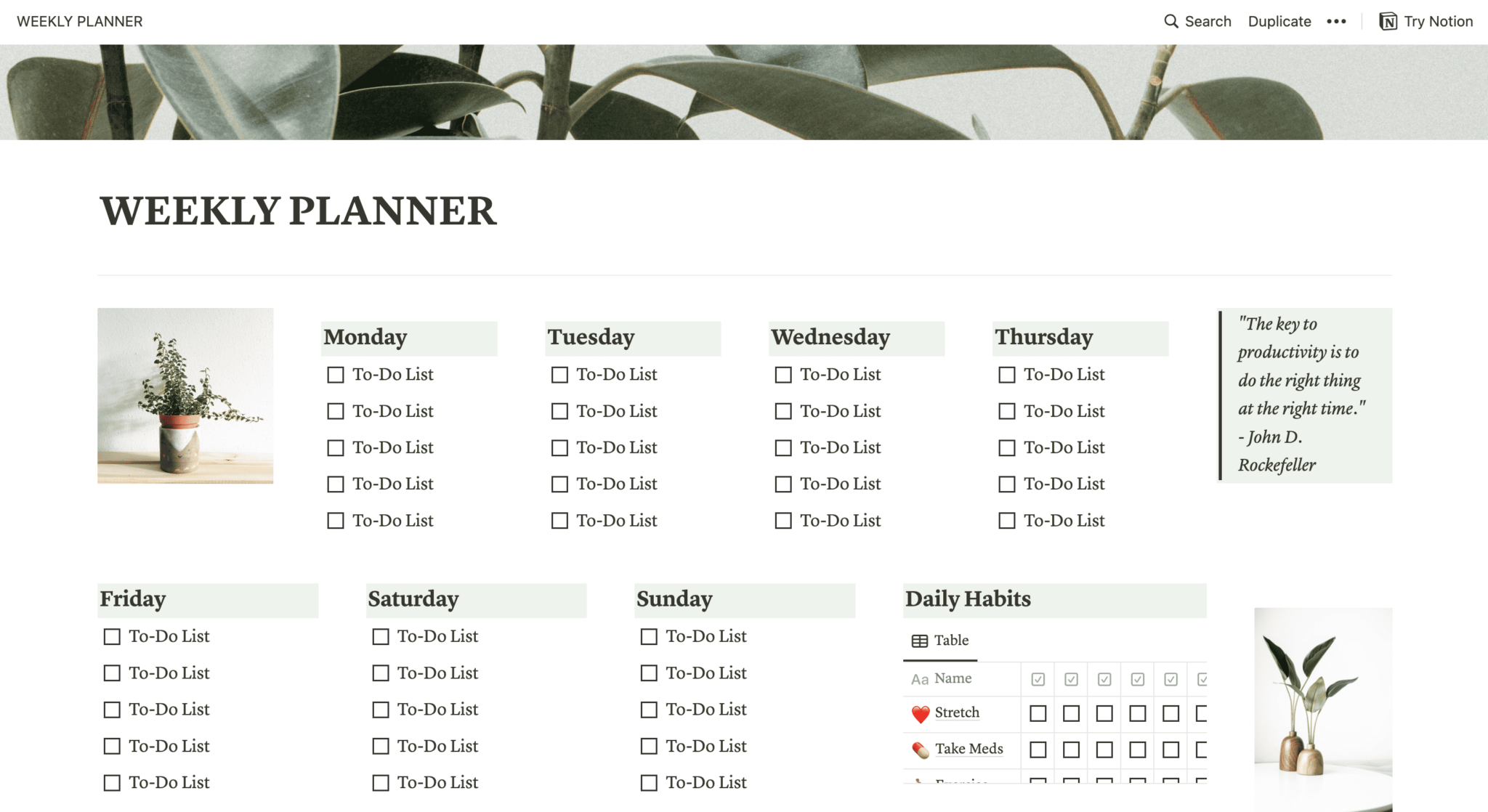 Notion: weekly planner template