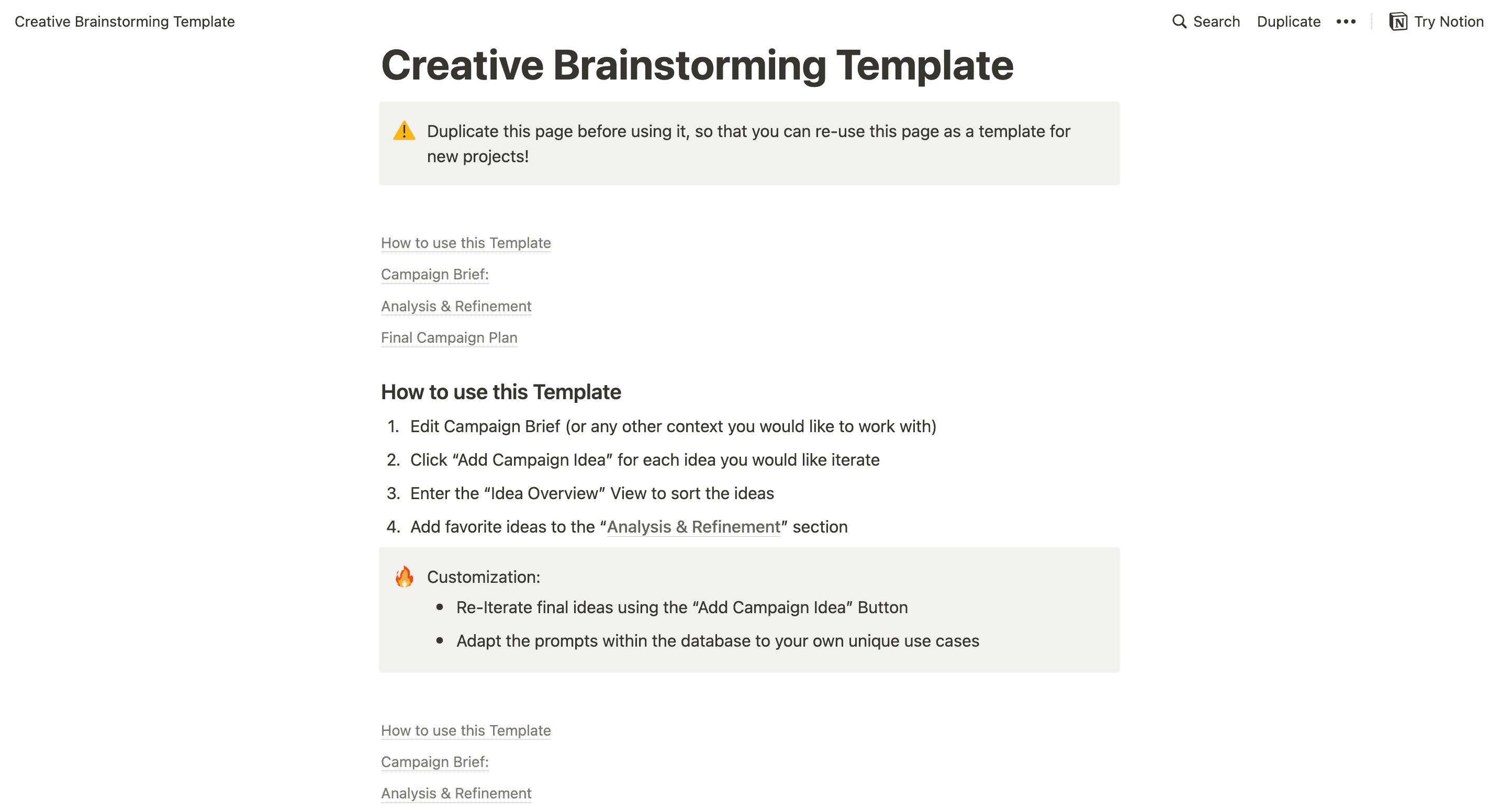 Notion: creative brainstorming template