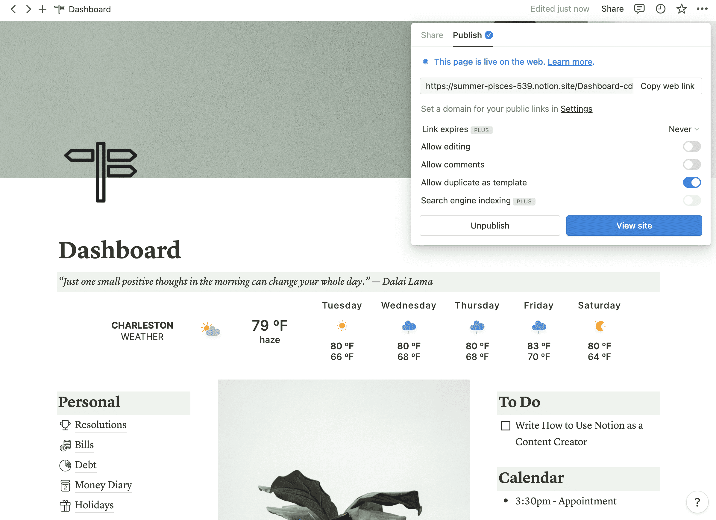 Notion: dashboard template - set own templates